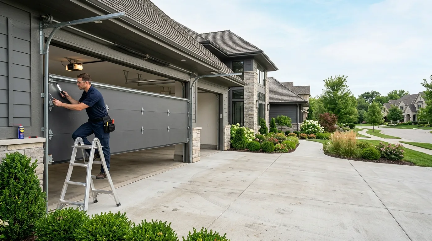 Garage door technician repairing an older Jersey City garage door