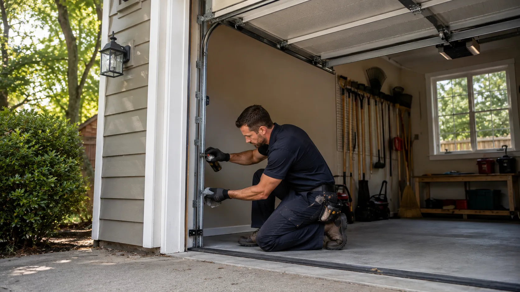 Garage door technician inspecting springs rollers tracks and opener in Jersey City New Jersey